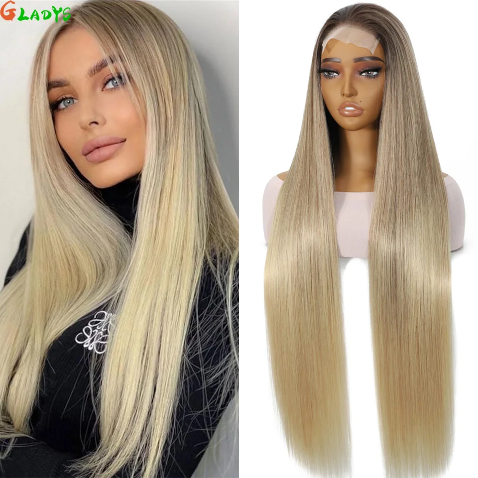 

Gladys 4X4 Straight Lace Front Synthetic Hair Wigs High Temperature Fiber Wigs 36 Inch Ombre Blonde Straight Lace Closure Wigs