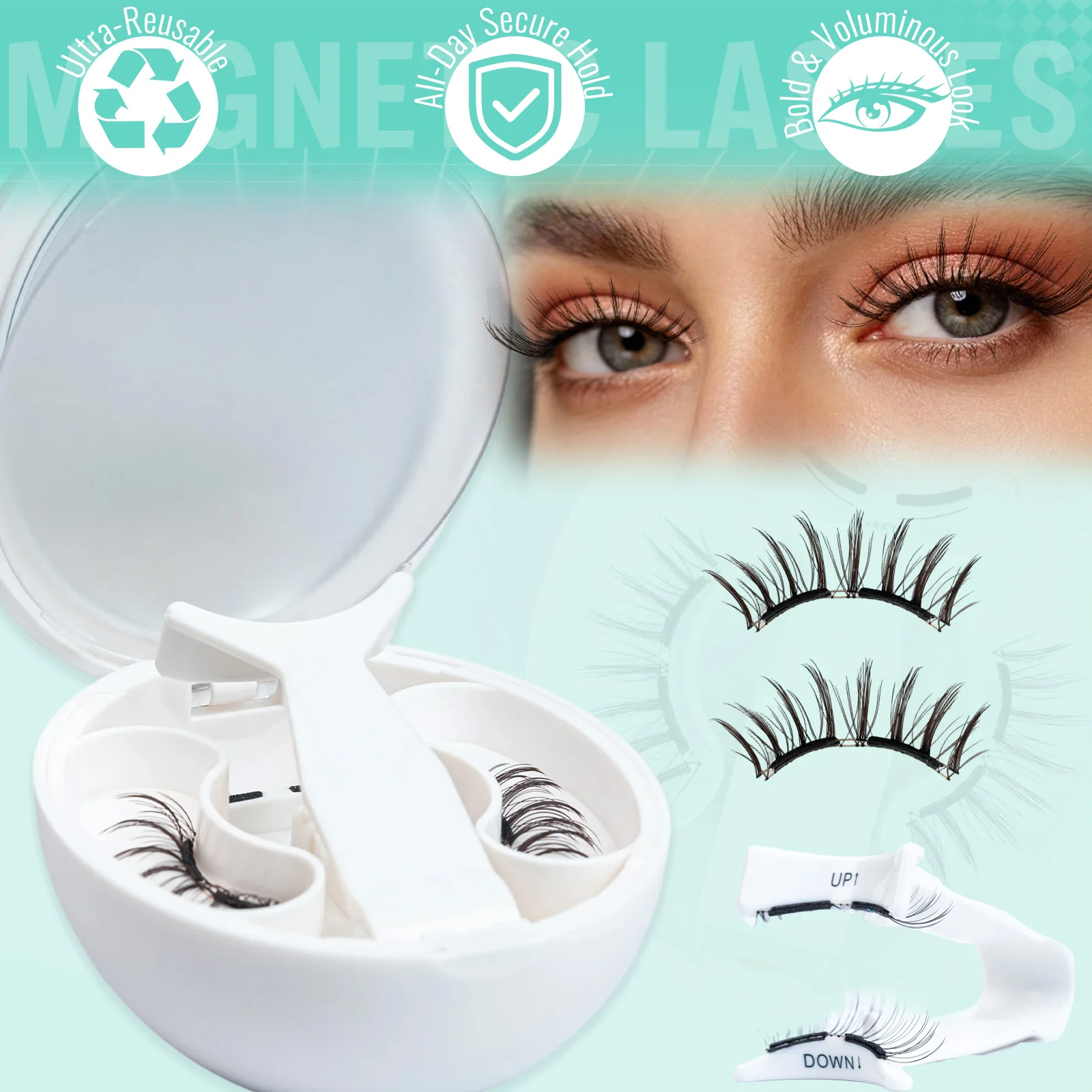 Brown Magnetic Eyelashes with Applicator 2 Pairs 3D Fluffy Soft False Lashes Set No Glue Easy Beginner Cosmetic Eye Makeup Tool