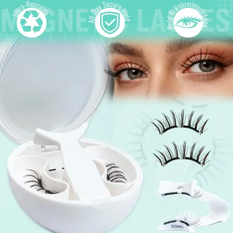 Brown Magnetic Eyelashes with Applicator 2 Pairs 3D Fluffy Soft False Lashes Set No Glue Easy Beginner Cosmetic Eye Makeup Tool