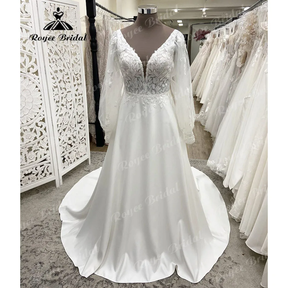 빈티지 퍼프 긴팔 레이스 아플리케 웨딩 원피스, V넥, 2024 여성 신부 가운, 맞춤 제작