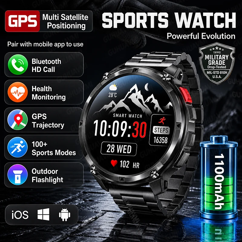 Montre connectée sport militaire 2026, nouvelle, batterie 1100 mAh, boussole précise, altimètre extérieur, pression atmosphérique, fréquence cardiaque, appels Bluetooth, montres connectées pour homme