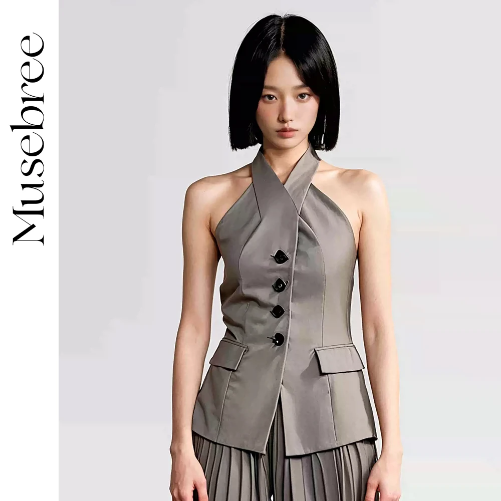

Musebree Women's Button Design Halter Top Ladies Grey Casual Tops Office Lady Vest Summer Tops Women Clothing