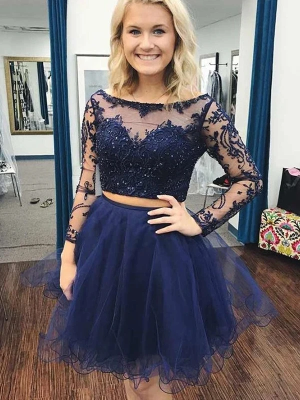 

ANGELSBRIDEP Sheer Long Sleeve Homecoming Dresses 2022 Bateau Tulle Applique Open Back Sexy Short/Mini Two Piece Cocktail Gowns