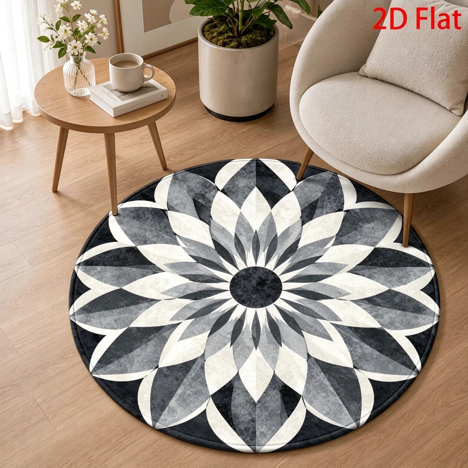 2D Flat, Round Rugs, Monochrome Floral Mandala Round Rug, Geometric Symmetrical Design, Modern Minimalist Style, Versatile Decorative Floor Mat, Durable, Easy to Clean