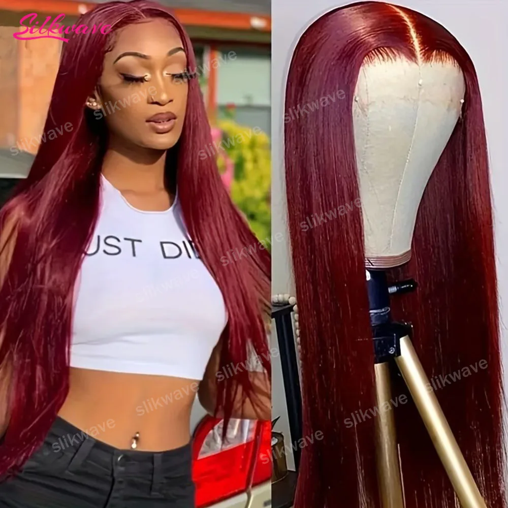 

30 Inch 99J Red Burgundy Colored Straight Human Hair Wigs 13X6 13x4 HD Lace Front Wig 200 Density Pre Plucked Red Human Hair Wig