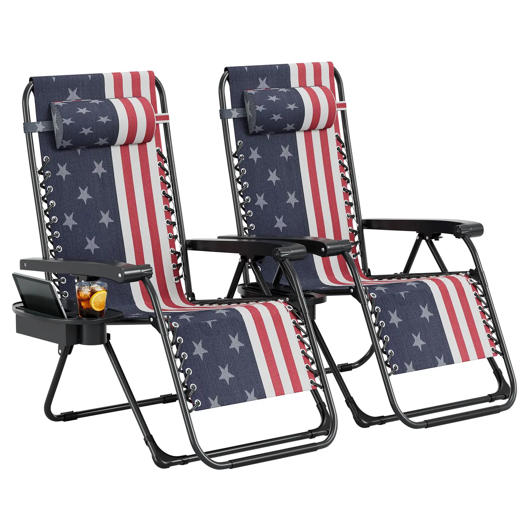 Zero Gravity Chair Set of 2, Patio Lounge Chair Outdoor with Pillow & Cup Holder Tray, Adjustable Reclining Chair, Folding Portable Camping Chair for Deck, Beach, Yard, Garden