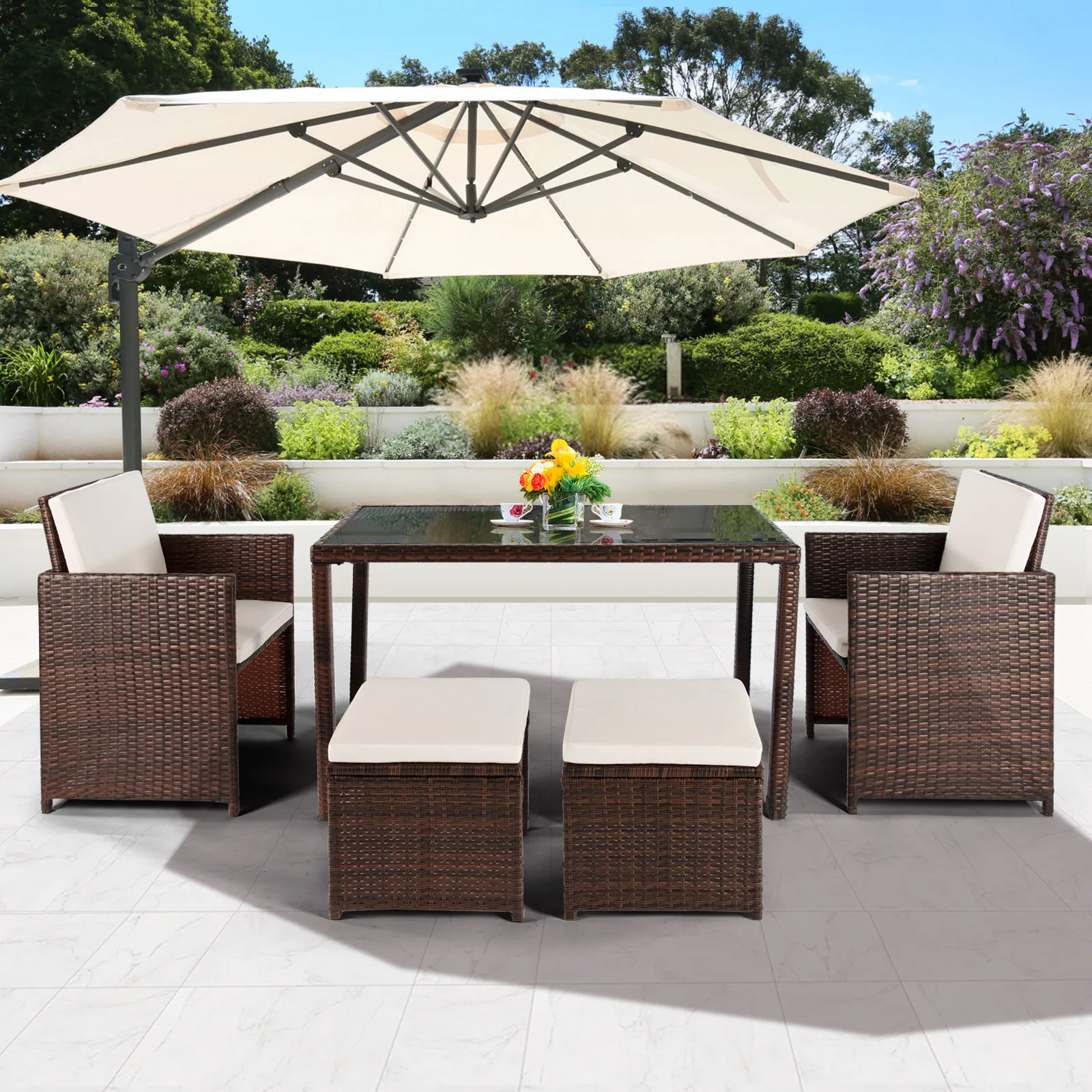 [Flash Sale]5-Piece Rattan Dining Table Set Include 1 Rectangle PE Wicker Table+2 Armchairs+2 Ottoman for Patio Poolside Garden