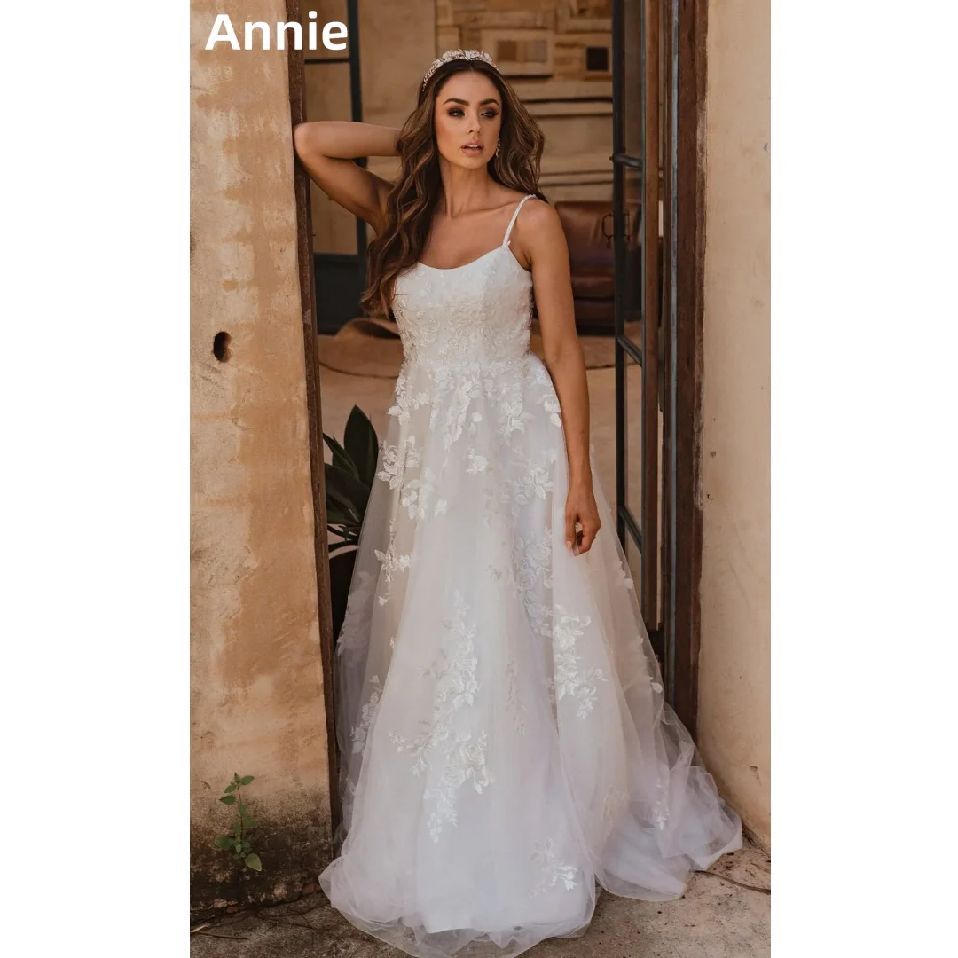 

Annie White Spaghetti Straps Prom Dresses Tulle Embroidery Mop Evening Dresses Formal Occasions Robes De Soirée Customized