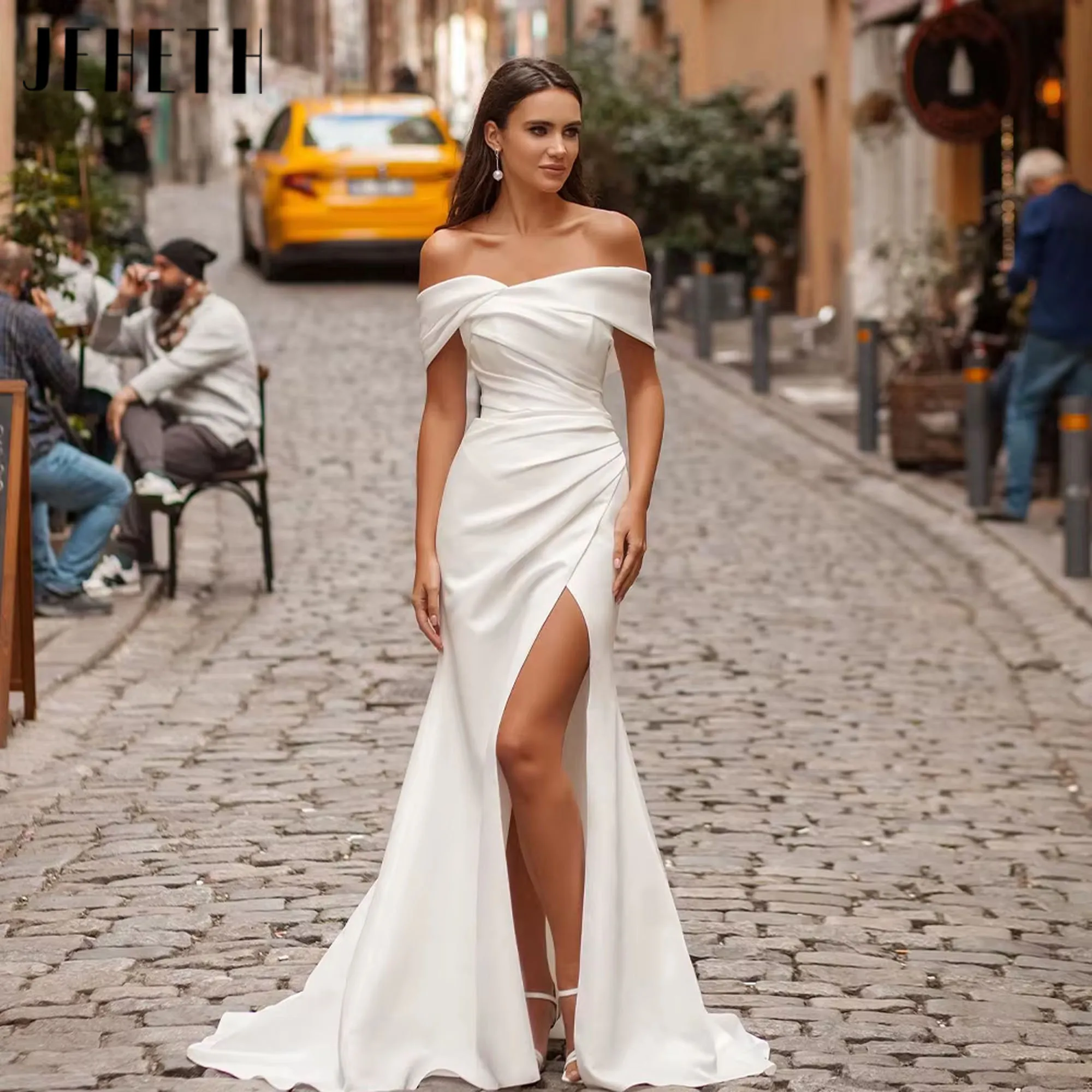 

JEHETH Elegant Off The Shoulder Satin Sheath Mermaid Wedding Dresses Side Slit Detachable Train Formal Bridal Gown Customized
