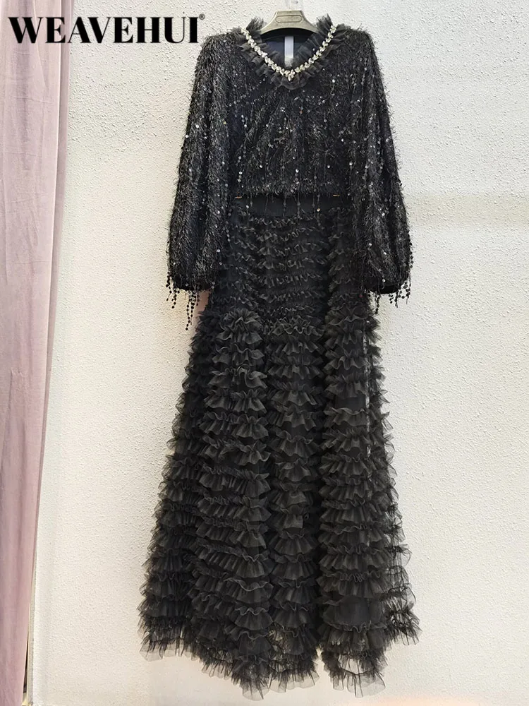 WEAVEHUI Women Diamonds V-Neck Lantern Sleeve Sequins Tassel Tops+ Elastic Waist Mesh Ruffles Long Skirt Vintage Black 2-Piece