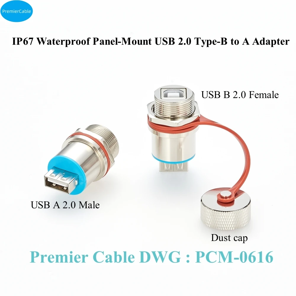 IP67 Rugged USB 2.0 B to A Panel Mount Adapter Waterproof Ruggized Type B Female to A Male Connector Outdoor USB Coupler