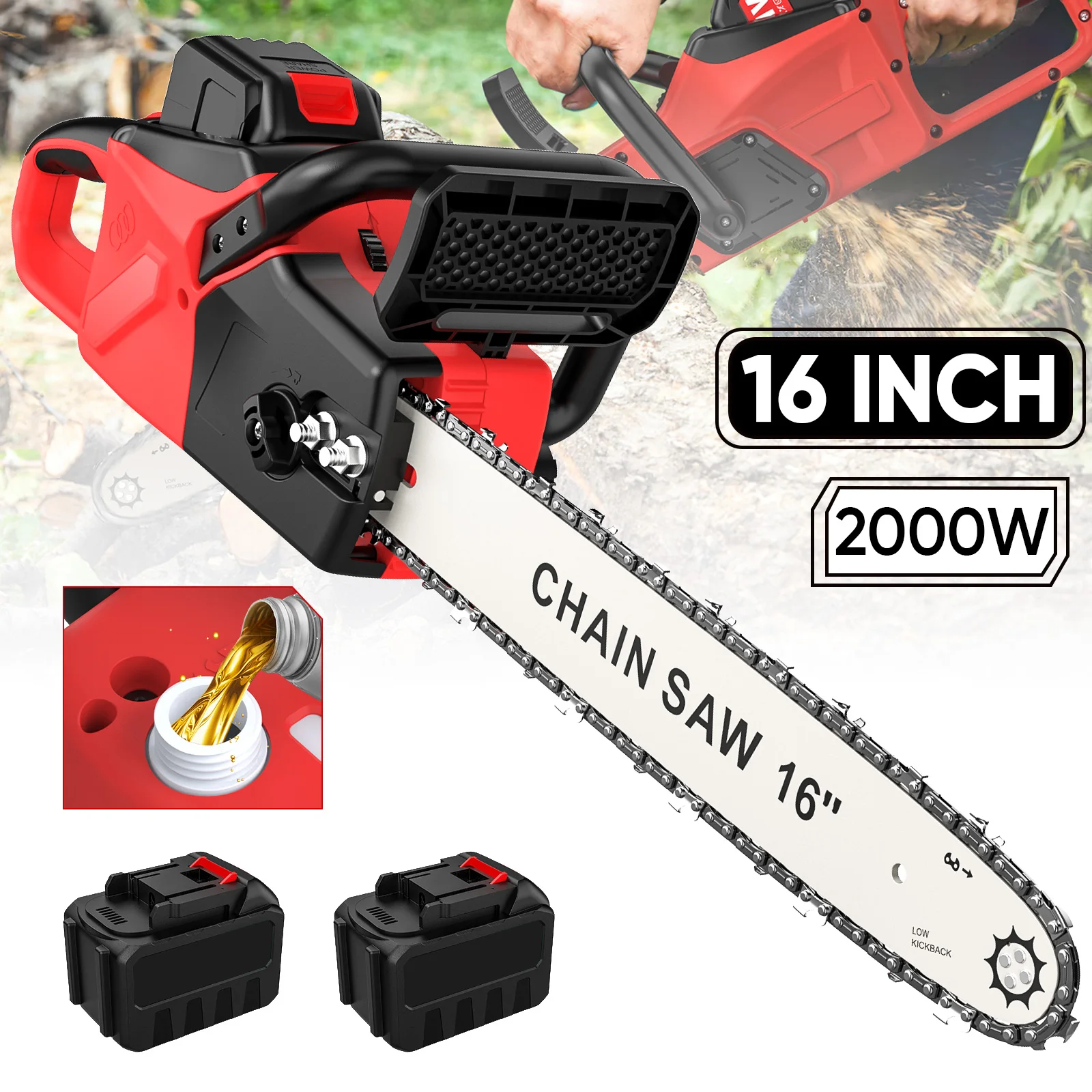 Elektrische Kettensäge, bürstenlos, 16 Zoll, kabelloses Schneidwerkzeug für Holzbearbeitung, 2000 W, tragbarer Gartenschneider für Makita-Akku
