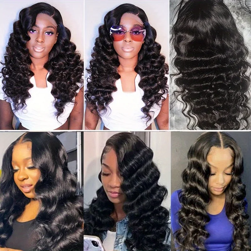 Alimice-Loose Deep Wave Lace Wigs para mulheres, cabelo humano, pré arrancado com cabelo de bebê, cor preta, 4x4