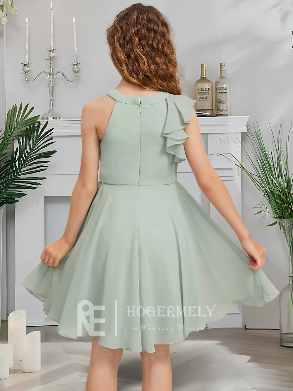 Дизайнерское платье трапециевидной формы для юных подружек невесты, платье с цветочным узором для девочек, шифоновое платье с лямкой на шее, садовое гала-танец, свадебное платье