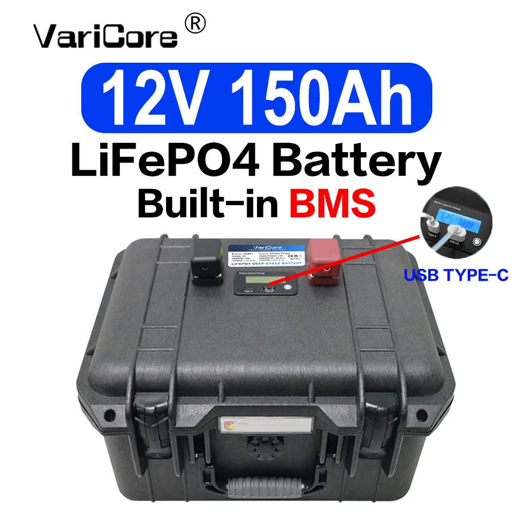 VariCore 12V 150Ah Deep Cycle LiFePO4-batterij 100A BMS, LCD-display voor camper, zonne-energie, boot, kamperen, off-grid huisnoodstroomvoorziening