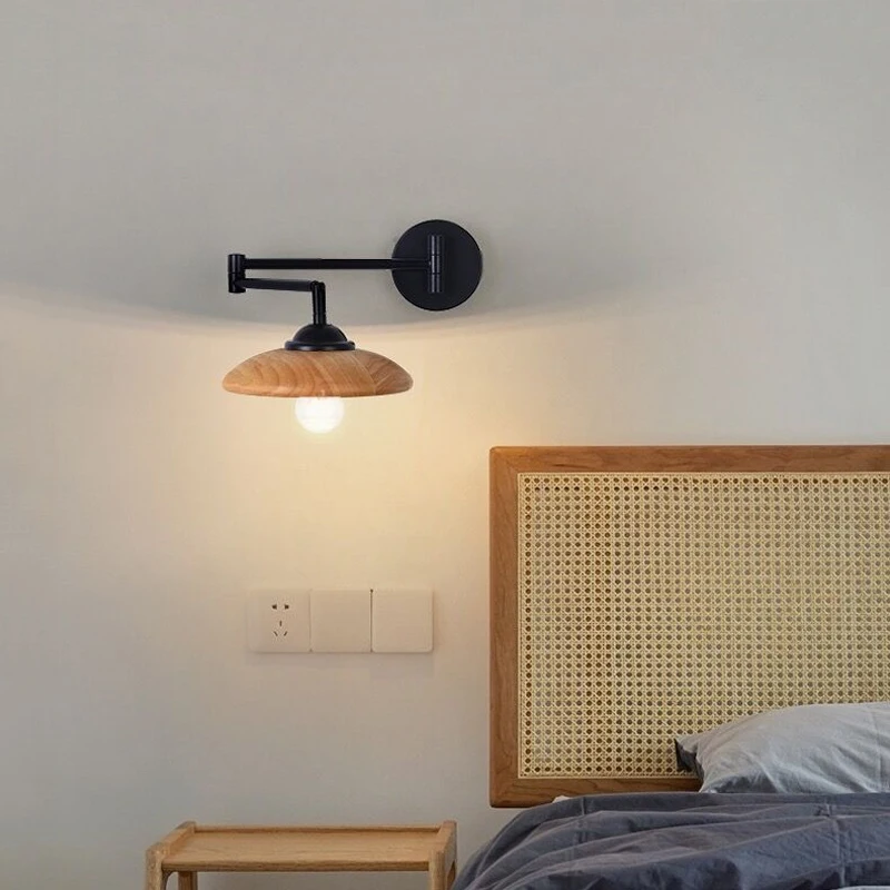 

Bedroom Bedside Light Japanese Creative Retractable Folding Wall Lamp Log Wooden Reading Light Nordic Wood Color Rocker Light