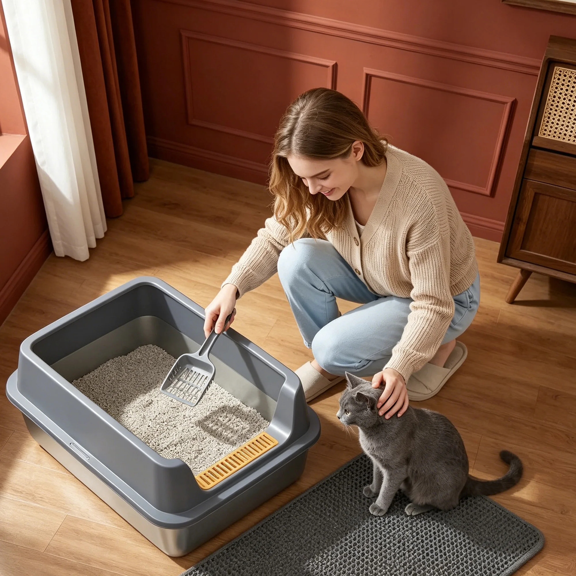 HaluPeit Bac à litière pour chat en acier inoxydable XXL, 60 × 40 × 26 cm, bac à litière pour chat avec rebord haut, avec tapis XL, pelle, facile à nettoyer, bac à litière antiadhésif et étanche, gris foncé