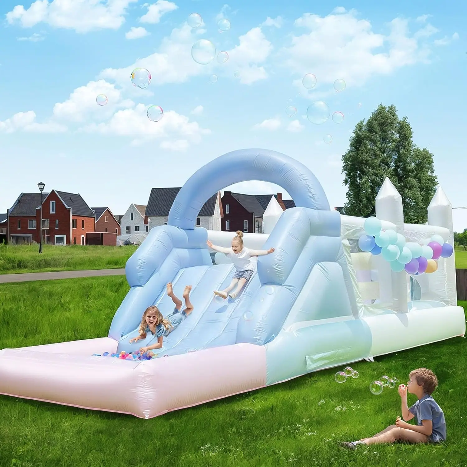 Newly Inflatable Macaroon PVC Water Sildes Ball Pit Pool Bounce House For Kid Jungle Gym Water Play Equipment With Air Blower