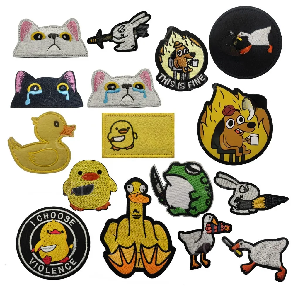 Cute Cartoon Animal Hook&Loop Patches Cat with Knife Duck Goose Frog Sticker Tactical Accessory Morale Badges Embroidery Patch — zdjęcie 2
