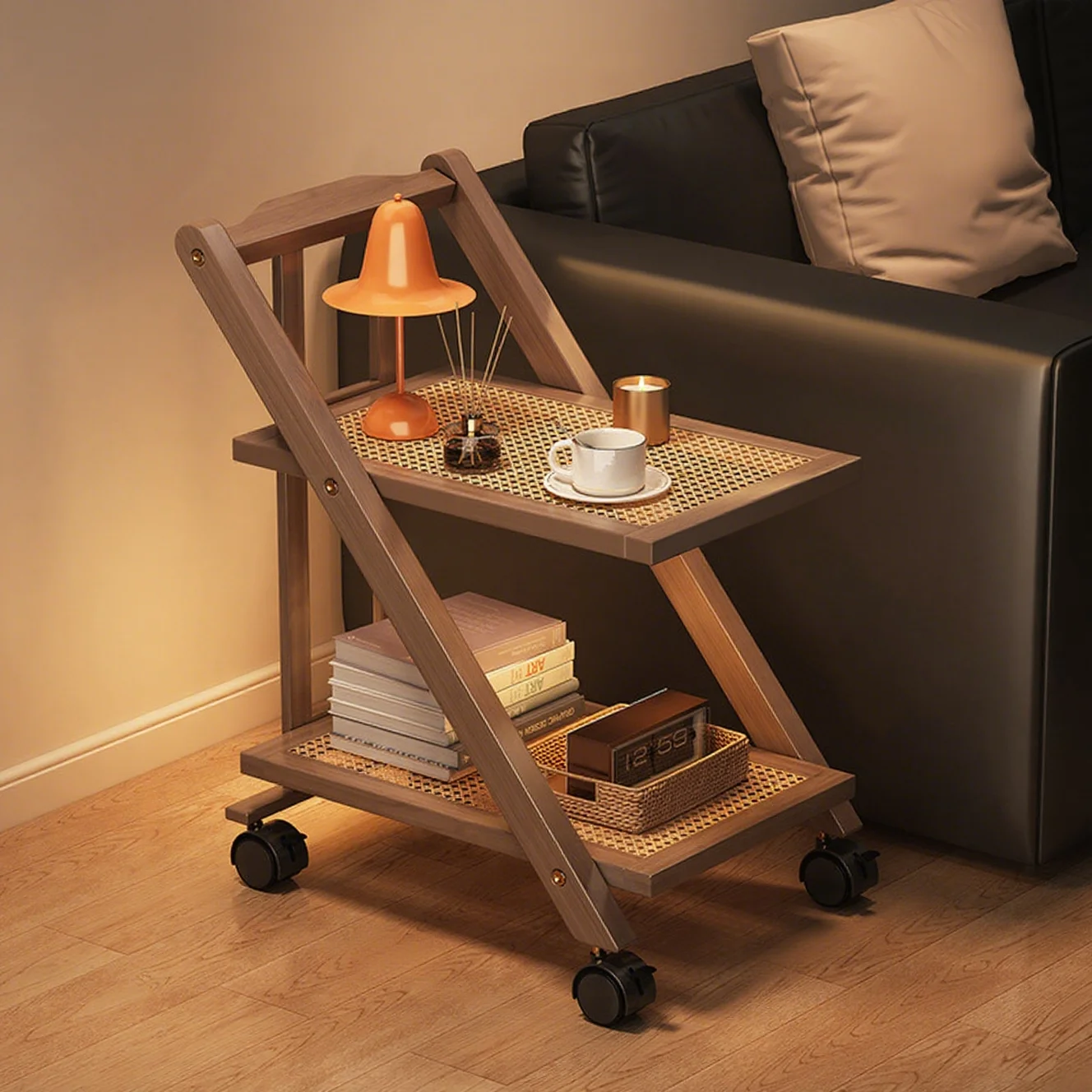 

Foldable Bedside Table Storage Rack Multi-Layer Coffee Table Storage Sofa Bookcase Floor-Standing Bedroom Snacks Push Cart