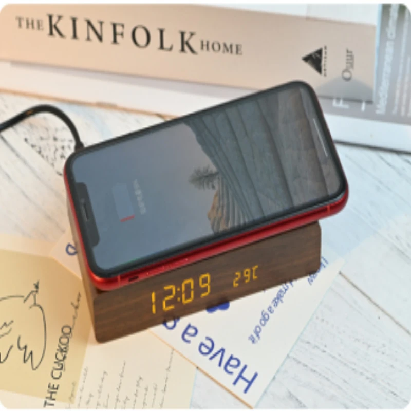 Alarm Clock with Wireless Charging Three Brightness Adjustment LED Display Multipurpose for Apartment Bedroom Gift Decor Desk