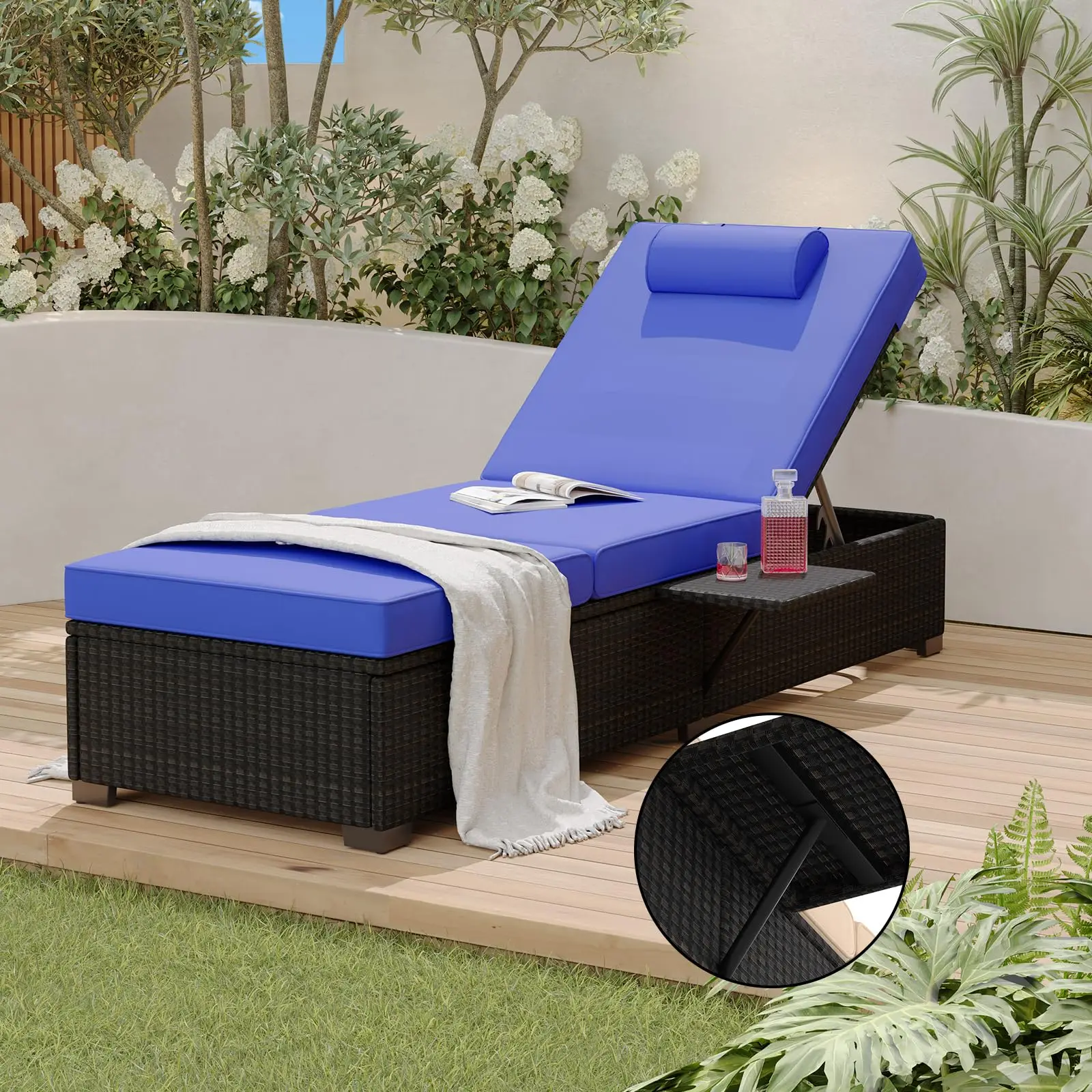 Patio Lounge Chairs,Outdoor PE Wicker Chaise Lounge Set of 2,Chaise Lounge Chair Outdoor，Pool Furniture,Brown Rattan Recliners with Adjustable Backrest,Storage Table,Royal Blue