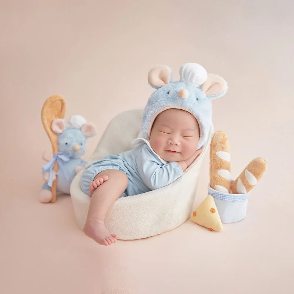 Infant Photo Shoot Props Cute Chef Mouse Hat with Ears Plush Food Toys Chef Mouse Doll Newborn Studio Professional Accessories view 3