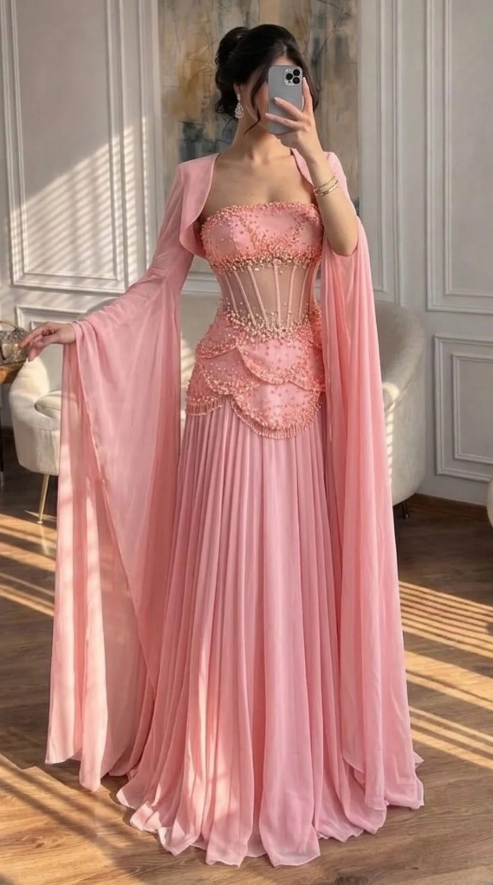 Sansa Customized Blush Pink Prom Dresses Floor Length Strapless vestidos de noche Sheer Corset  Cape Sleeves Formal Evening 2026