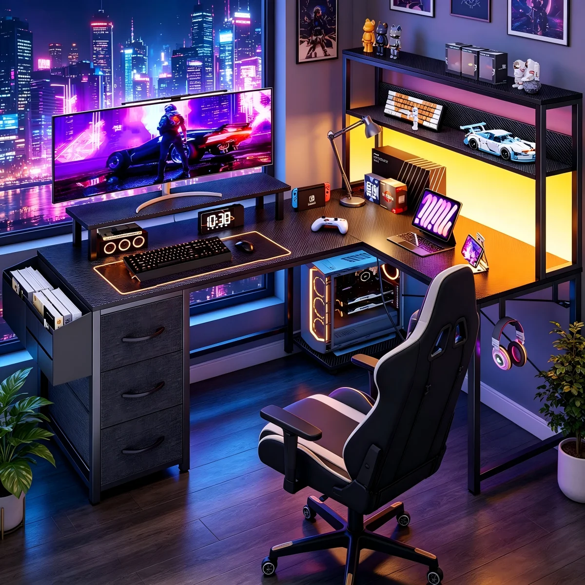Bureau en L avec clapier, Bureau Gaming avec éclairage LED, Bureau d'ordinateur avec Prise de Courant, Bureau d'angle avec tiroir classeur et Support d'écran