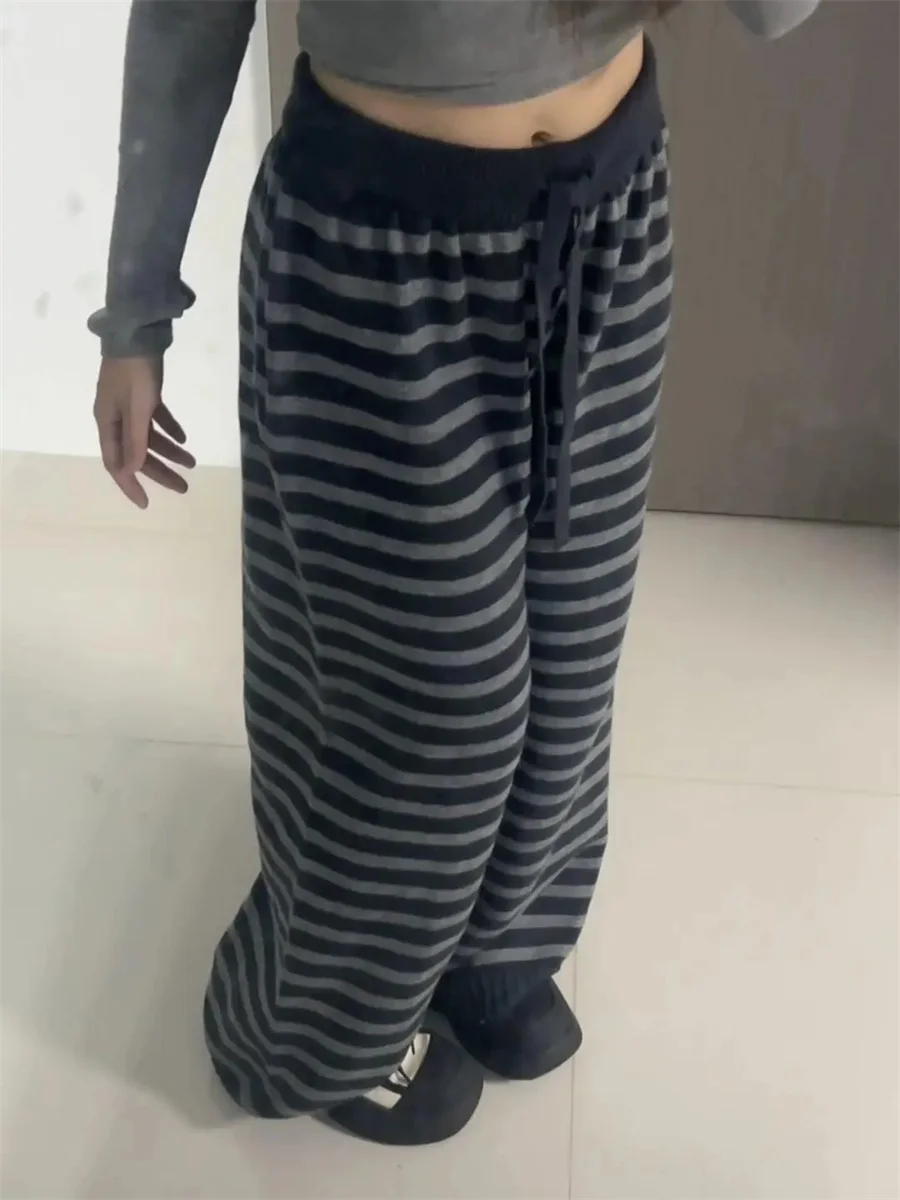 خمر الجرونج فضفاض محبوك سراويل تقليدية Harajuku التباين اللون شريط واسعة الساق بنطلون Y2k الجمالية النساء السراويل المستقيمة #2