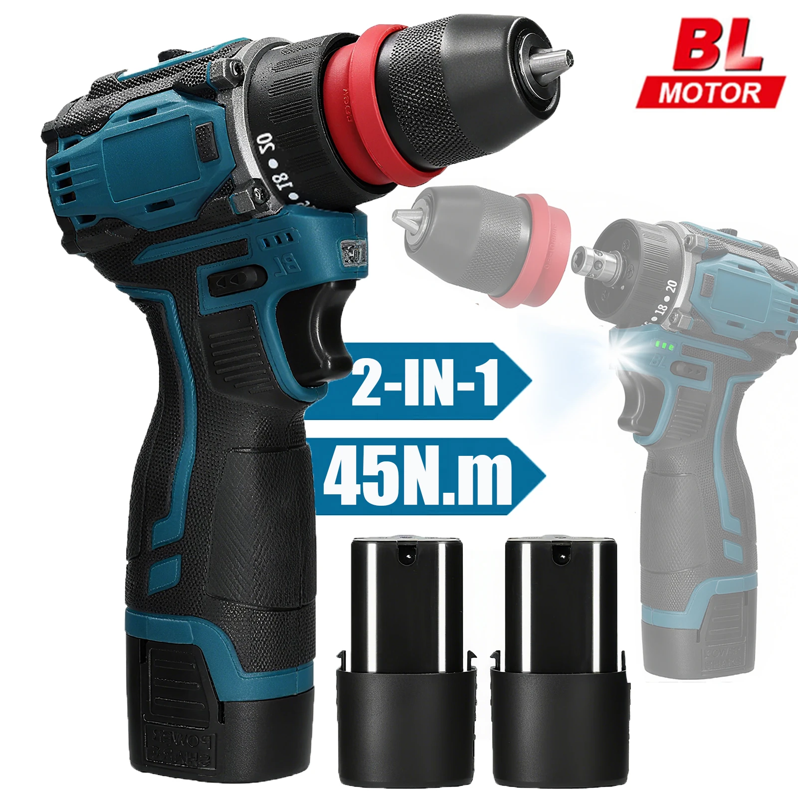 2-in-1-Bohrschrauber, bürstenlos, elektrisch, 55 Zoll, 45 Nm Drehmoment, kabellose Geschwindigkeitsregelung, tragbare Lithium-Treiberbohrmaschine mit 2 Akkus