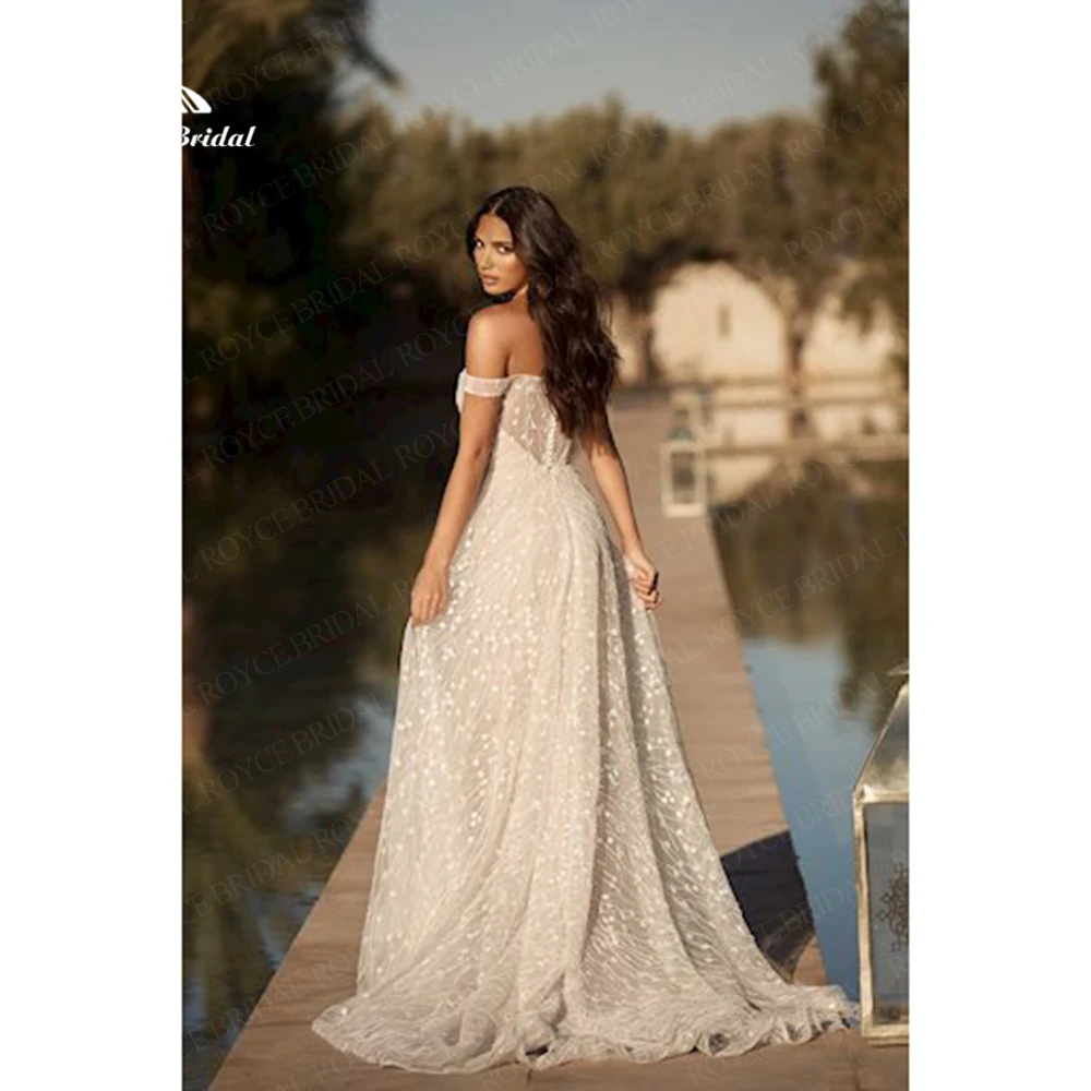 فستان زفاف من Roycebridal بأكمام قصيرة مزين بدانتيل على شكل قلب 2023 بدون ظهر بفرشاة على شكل حرف A لحفلات الزفاف