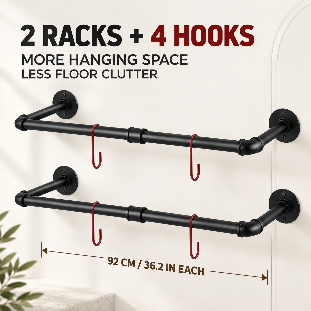 2 Pack Wall Mounted Industrial Pipe Clothes Rack 92cm Metal Garment Hanging Rails with 4 Hooks for Closet Bedroom Laundry Room