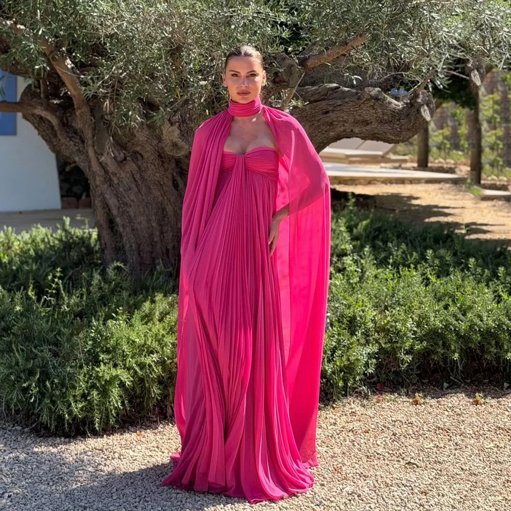 Msikoods Customized Hot Pink Strapless Prom Dress 2026 Pleated Chiffon A Line Formal Evening Gown Detachable Cape Party Dress