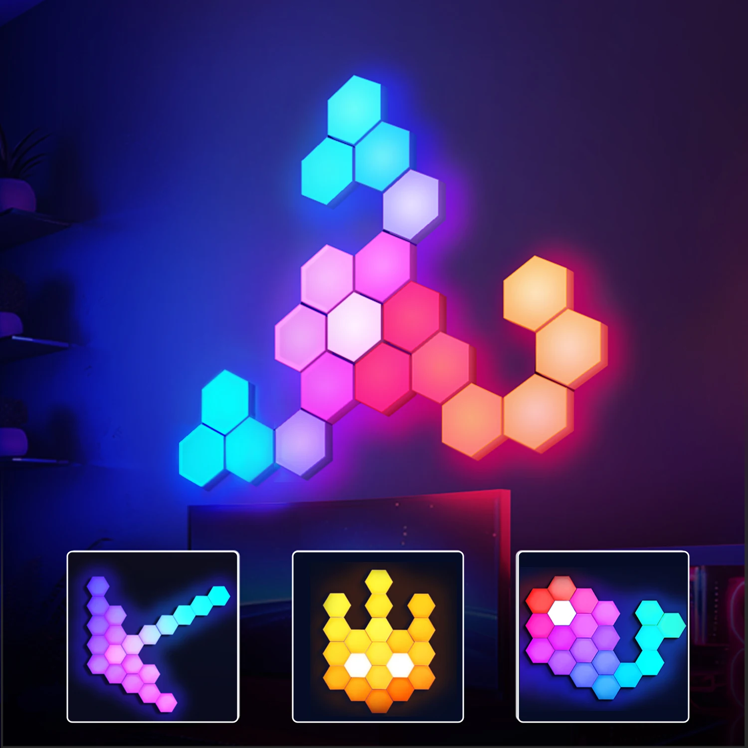 3/8/12/20pcs Smart Color RGB Hexagonal Panel APP/remote Control Dual, USB Power Supply, Music Rhythm DIY for  Room Atmosphere