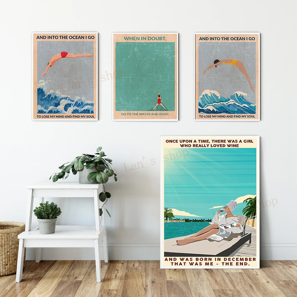 Into The Ocean I'm Going To Lose My Mind Poster Swimming In The Ocean Canvas Painting Girl Beach Drinking Wine Prints Home Decor