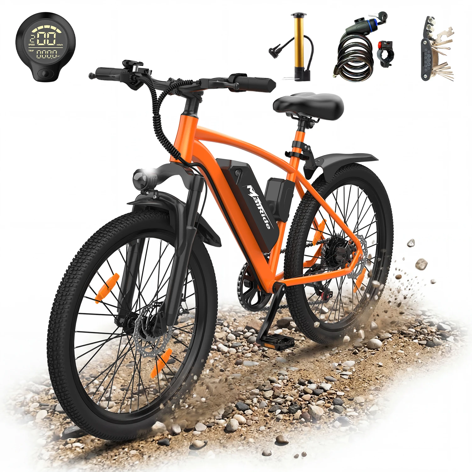Rower elektryczny dla dorosłych MAIRIDE Q7-Orange, silnik o mocy 250W, zdejmowana bateria litowa 36V 10Ah, 7-biegowa przerzutka, przednie zawieszenie, maksymalna prędkość 25KM/H — 2