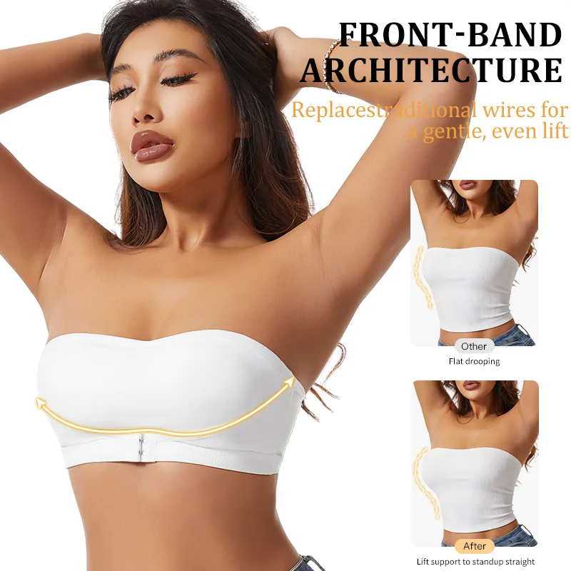 Women’s Strapless Bra Wire Free Push Up Bra Removable Pads Front Closure Non Slip Seamless Bandeau Underwear