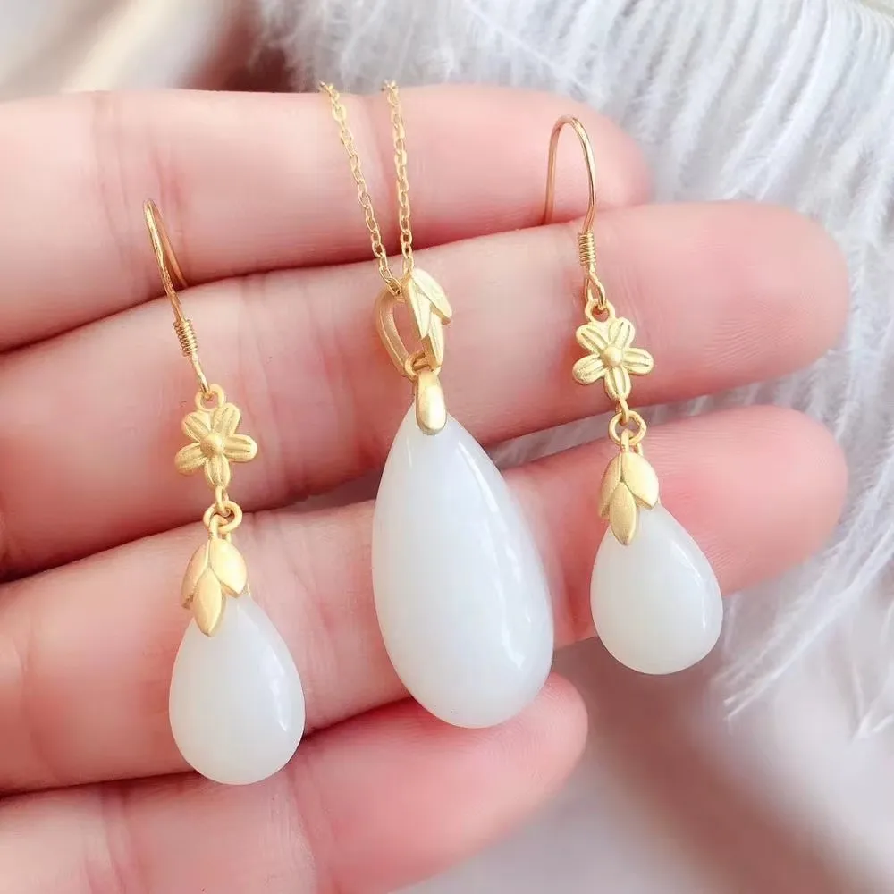 

KJJEAXCMY Boutique Jewelry 925 Pure Silver Natural White Jade Pendant Earrings Set with Ladies, Electroplated Gold, Party, Birth