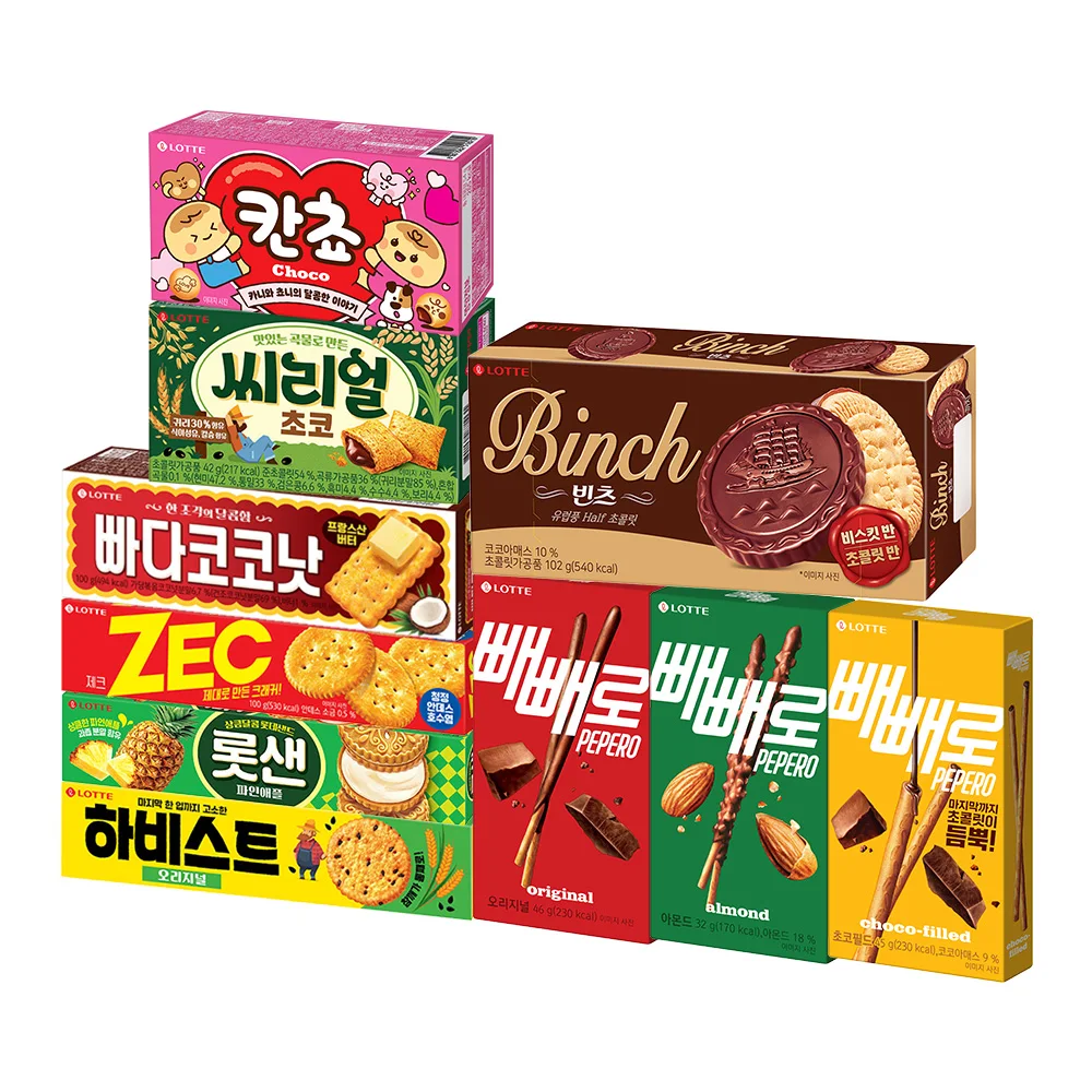 Lotte Well Food Busket 10 kinds of Pepero Padacoko Natze Lotte Sand Sea Real Cancho Bintz Harbist