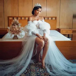 Beach Bridal Robes Off The Shoulder Puffy Long Sleevse Tulle Wedding Dress For Photo Shoot Side Split vestidos de novia