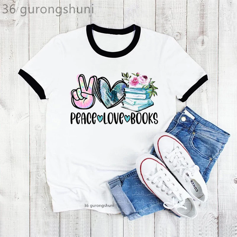 

Rainbow Peace Love Books Graphic Print Tshirts Women'S Clothing Leopard Pink Flowers T Shirt Femme Harajuku Kawaii T-Shirt