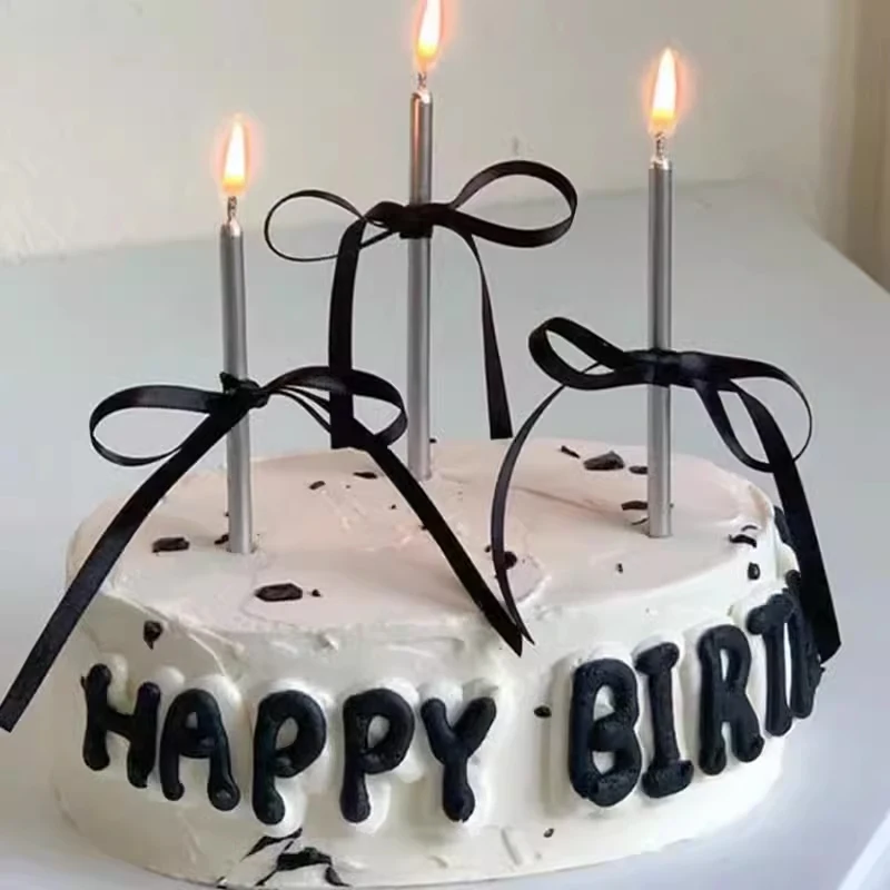 Birthday Candle Birthday Baking Cake Decorated With Black Bow Ribbon Straight Pencil Candle Dessert Table Decoration