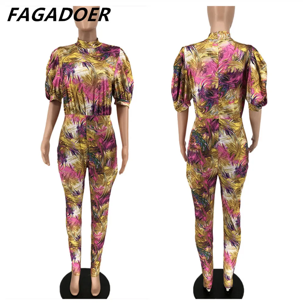 FAGADOER Puff Short Sleeve Retro Floral Jumpsuits Sexy Skinny Jumpsuits For Women Elegant Romper Overall Trousers Party Playsuit