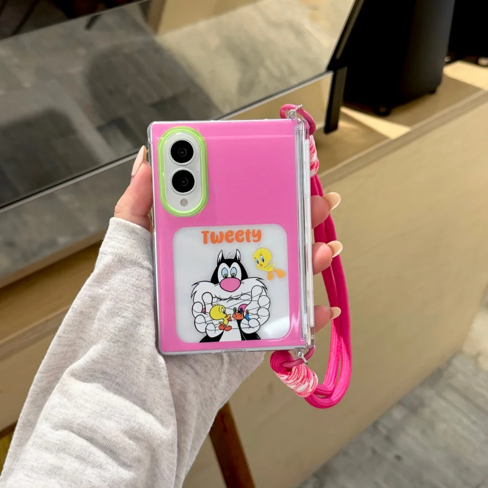 Korean Ins Bright Pink Cute Cartoon Cat Print Phone Case For Samsung Galaxy Z Fold 8 fold 8 Kawaii Girly Anti‑Fall Cover Fashion