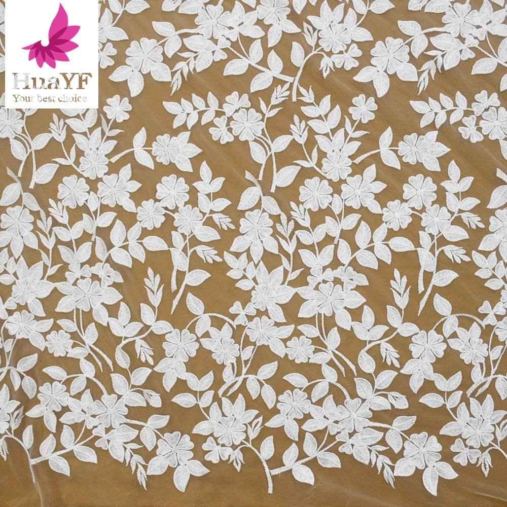 1 Yard Popular Design French White Leaf Embroidery Bridal Wedding Mesh Lace Dress Fabric HY1590-2