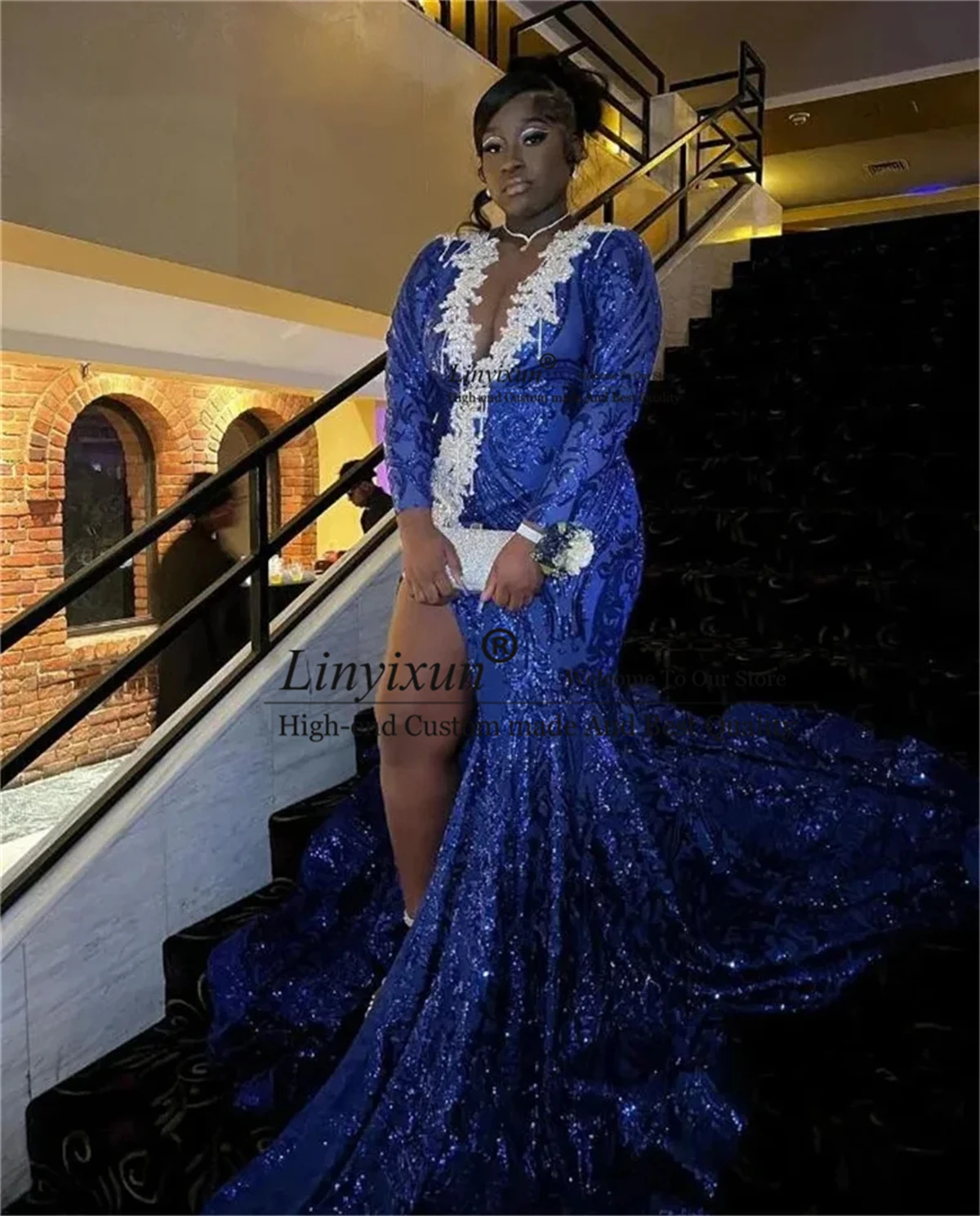 Royal Blue Glitter Prom Dresses For Black Girls Sequins Lace Tassel Evening Birthday Gown Long Sleeves Side Slit Party Dress