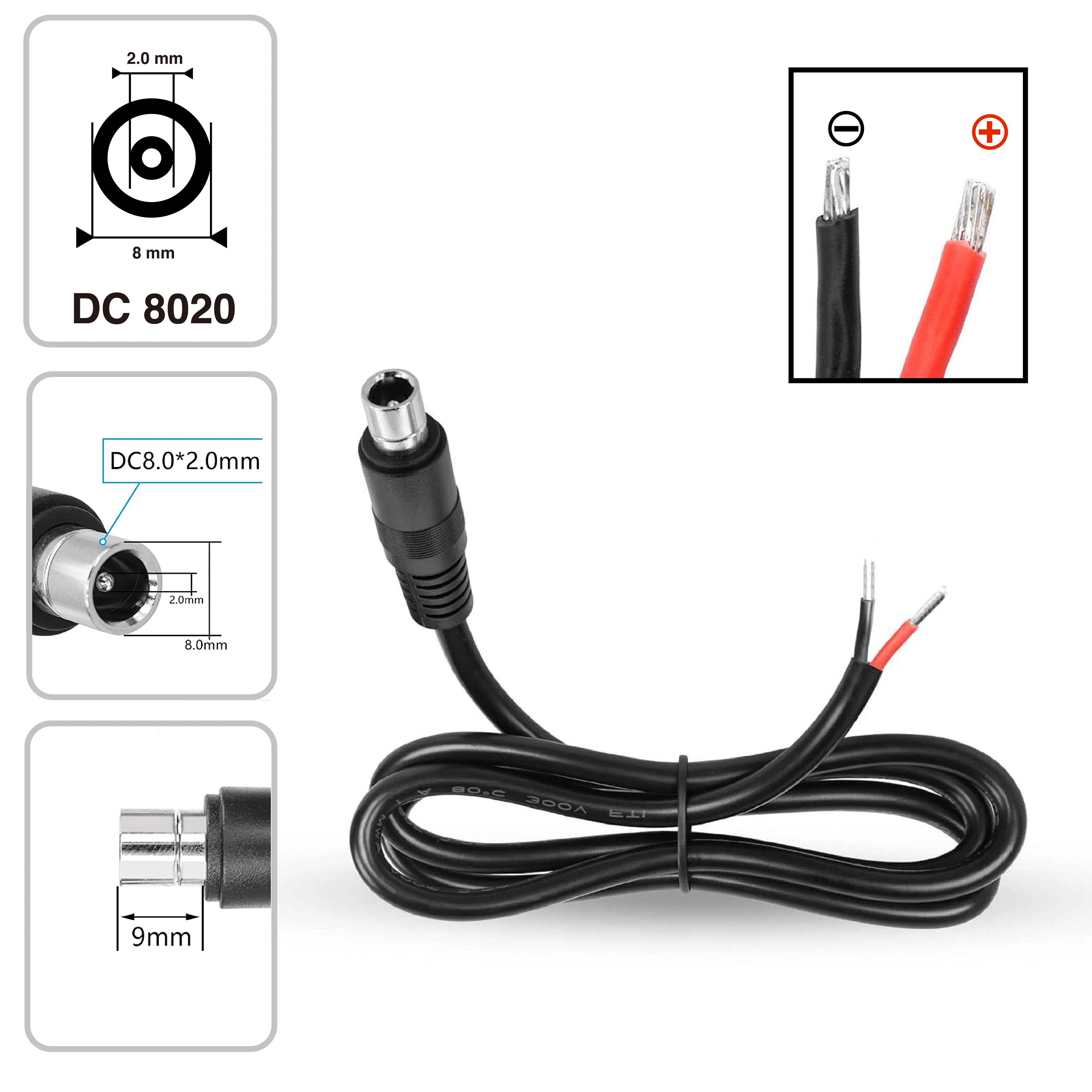 DC8020 Male Plug Pigtail Cable 14AWG 8.0x2.0mm Power Cord for Portable Power Station and Solar Panel Charging 100cm