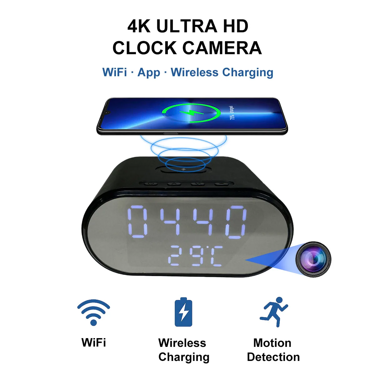 

4K WiFi Clock Camera with Wireless Charging, Motion Detection, Remote Viewing, Recording & App – Home Security Surveillance Cam