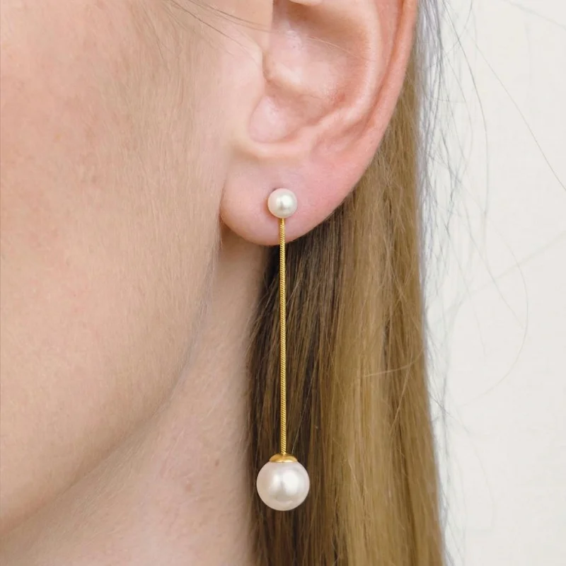 Miia Long Fringe Pearl Earrings Simple High Sense Long Drop Earrings Studs Fashion Temperament A Pair Of Women Wearing Earrings